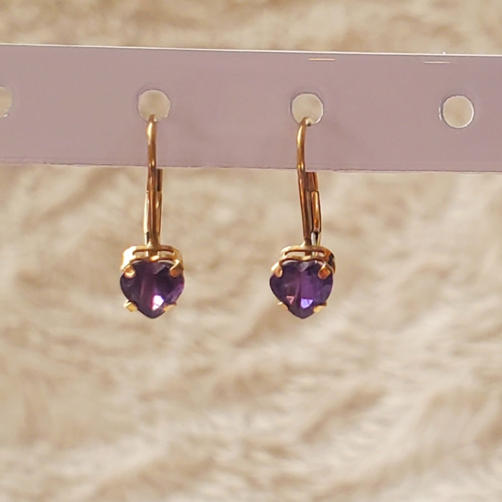 Girls 10K Gold Heart Purple Gemstone Amethyst Earrings